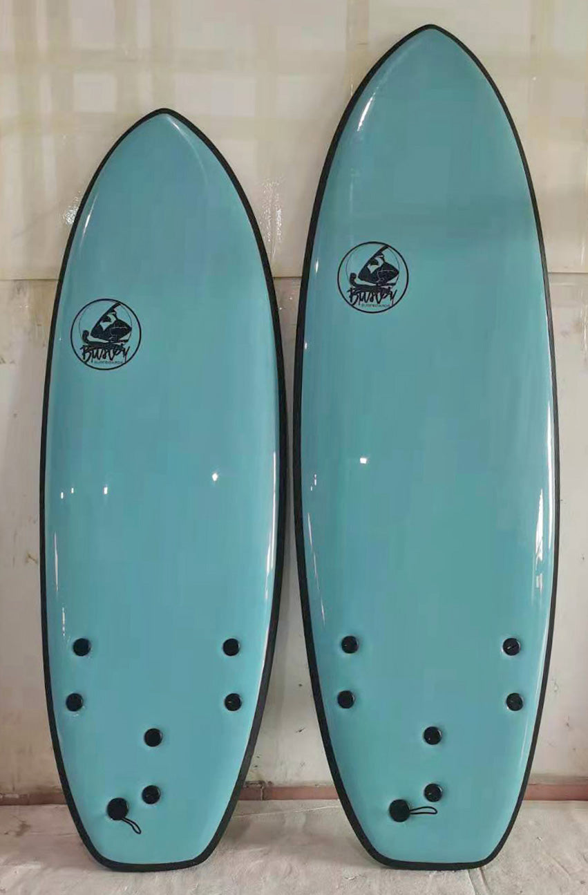 Türkisgrüne Vorderseite von Puffy Puffin Surfboards in 5'2 und 4'8 von Buster Surfbaords
