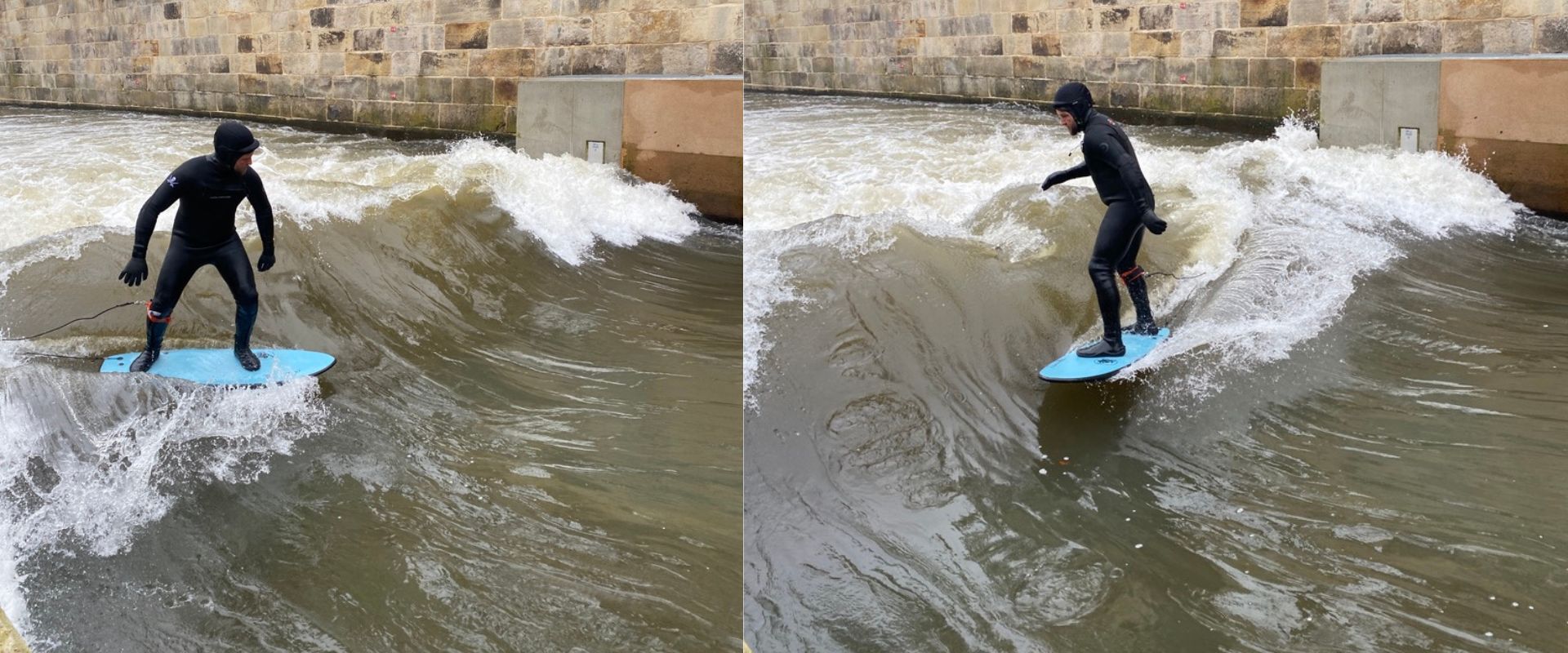 Surfer auf einem Softtop auf der Leinewelle