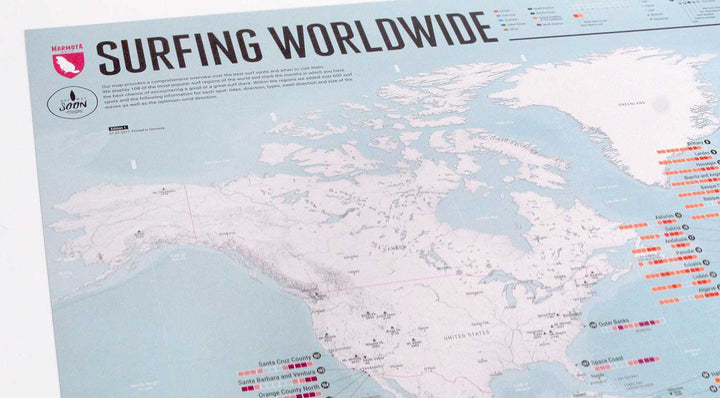 Nahaufnahme der Surf Weltkarte mit Fokus auf Nordamerika