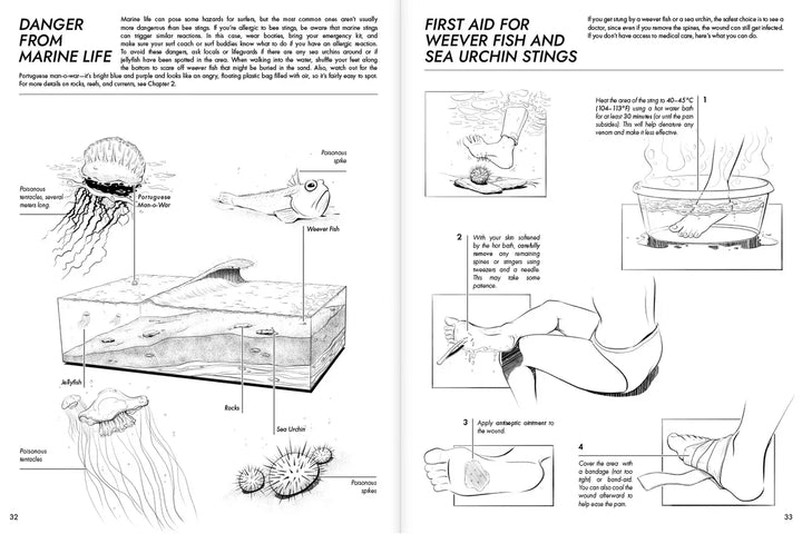 Der Surfcompanion Surf Companion Beginner 2. Auflage - Das Surfbuch enthält Schwarz-Weiß-Illustrationen von gefährlichen Meerestieren, ihren Lebensräumen und Erste-Hilfe-Maßnahmen bei Seeigel- und Fischstichen - ideal für Surf-Anfänger oder als Arbeitsbuch für Surflehrer.