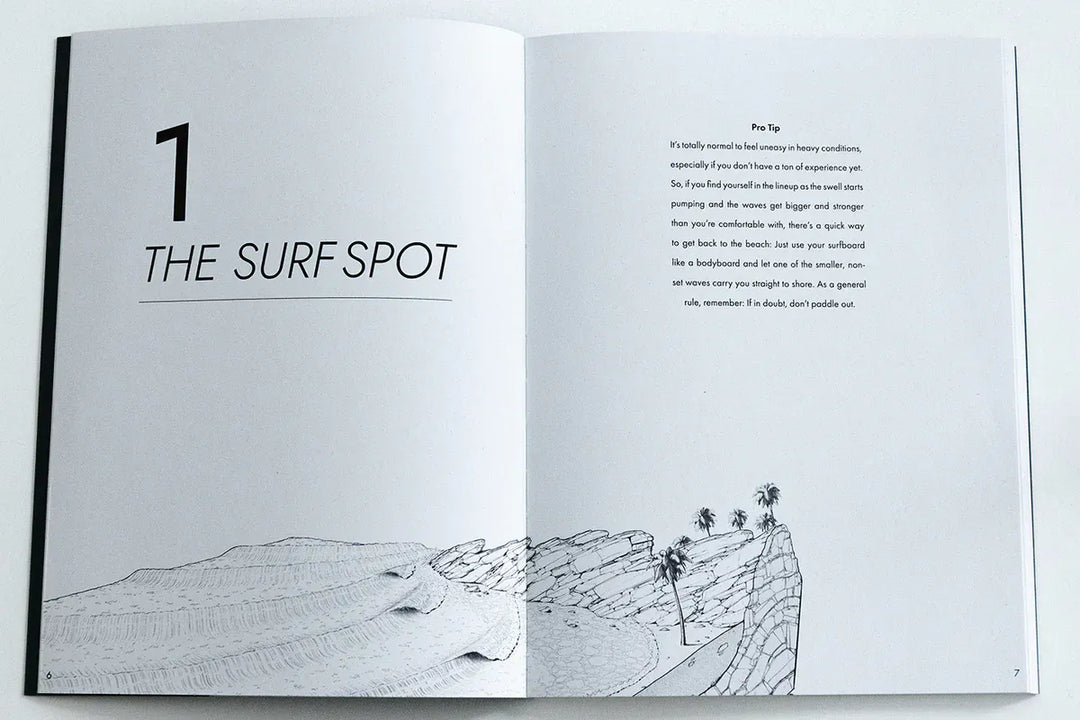 Ein geöffneter Surfcompanion Surf Companion Intermediate 4. Auflage - Surfbuch zeigt Kapitel 1, Der Surfspot, und einen Profi-Tipp, mit einer schwarz-weißen Illustration von grünen Wellen, Surfern und Palmen.