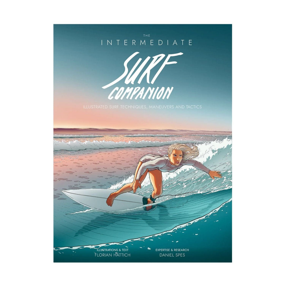 Surf Companion Intermediate 4. Auflage - Das Surfbuch von Surfcompanion zeigt auf dem Cover eine Illustration eines Sonnenuntergangs und behandelt Techniken, Manöver und Taktiken wie ein Surf-Arbeitsbuch von Florian Hattich und Daniel Spes.