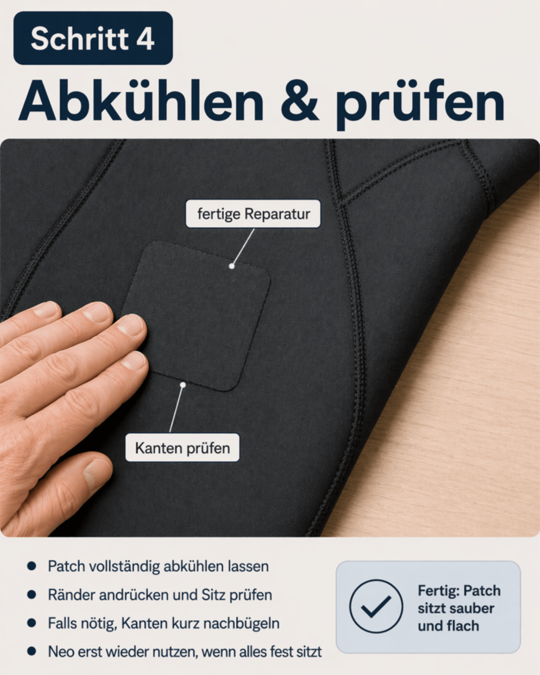 Eine Hand prüft den Rand eines Rapid Surf Shop Hot Melt Bügel-Patches zur Neopren-Reparatur im Quadrat auf schwarzem Stoff während einer Neopren-Reparatur. Auf dem Patch steht fertige Reparatur und am Rand Kanten prüfen, mit Anweisungen und einer Checkliste darunter.