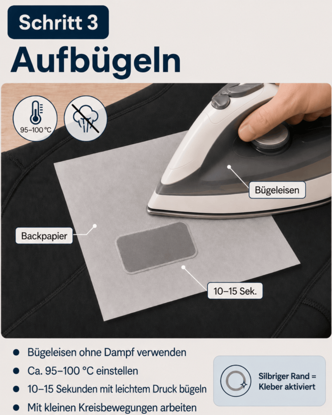 Eine Hand verwendet ein Bügeleisen und Backpapier, um die Hot Melt Bügel-Patches zur Neopren-Reparatur von Rapid Surf Shop auf schwarzem Stoff anzubringen. Die Aufkleber zeigen "Backpapier", "Bügeleisen", "10-15 Sek.", sowie Symbole, die die Reparaturschritte veranschaulichen.