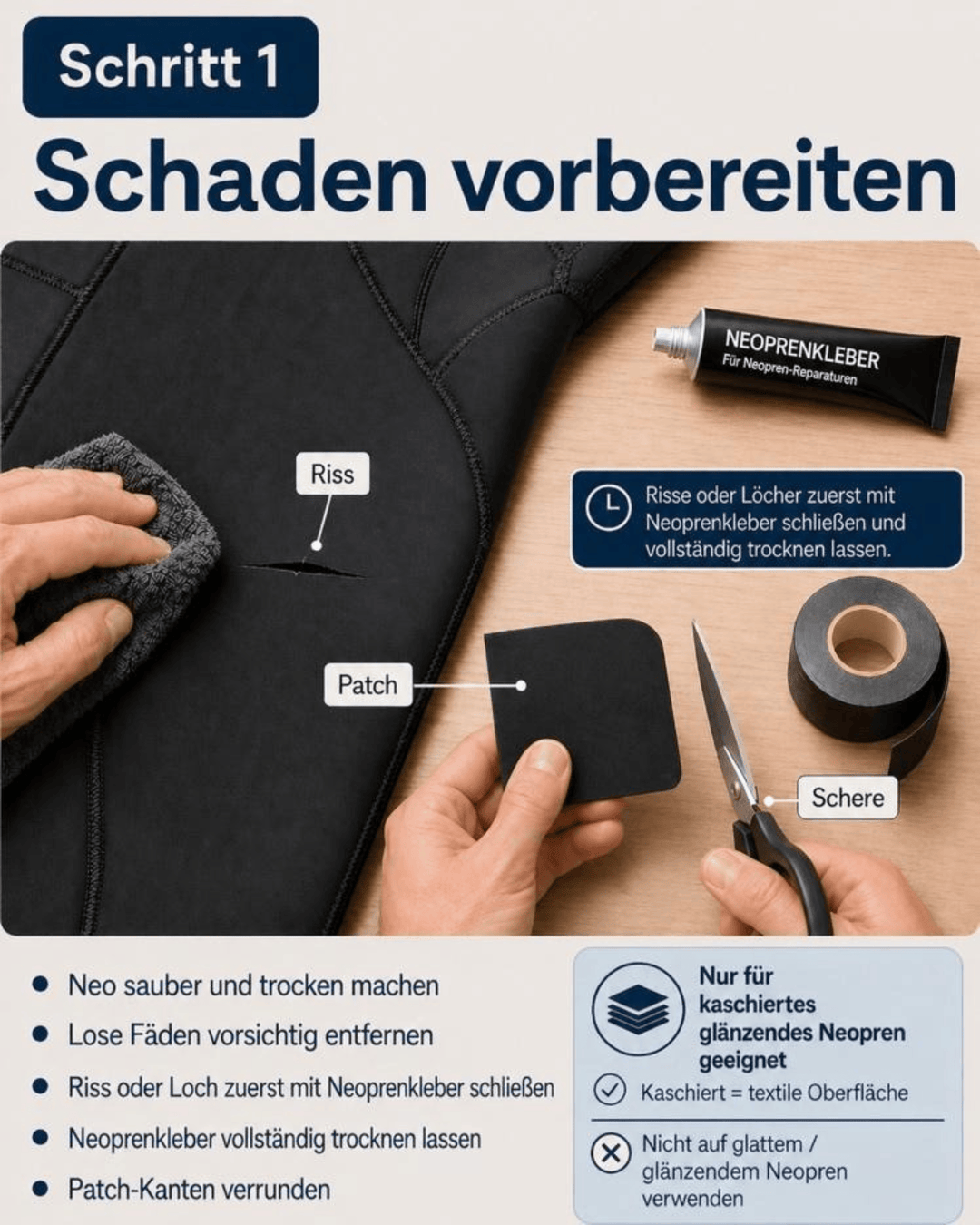 Eine Hand benutzt eine Schere, um ein schwarzes Hot Melt Bügel-Patch zur Neopren-Reparatur von Rapid Surf Shop neben einem zerrissenen Neoprenanzug auszuschneiden. Eine Tube Neoprenkleber, ein Schwamm und eine Anleitung sind ebenfalls zu sehen.