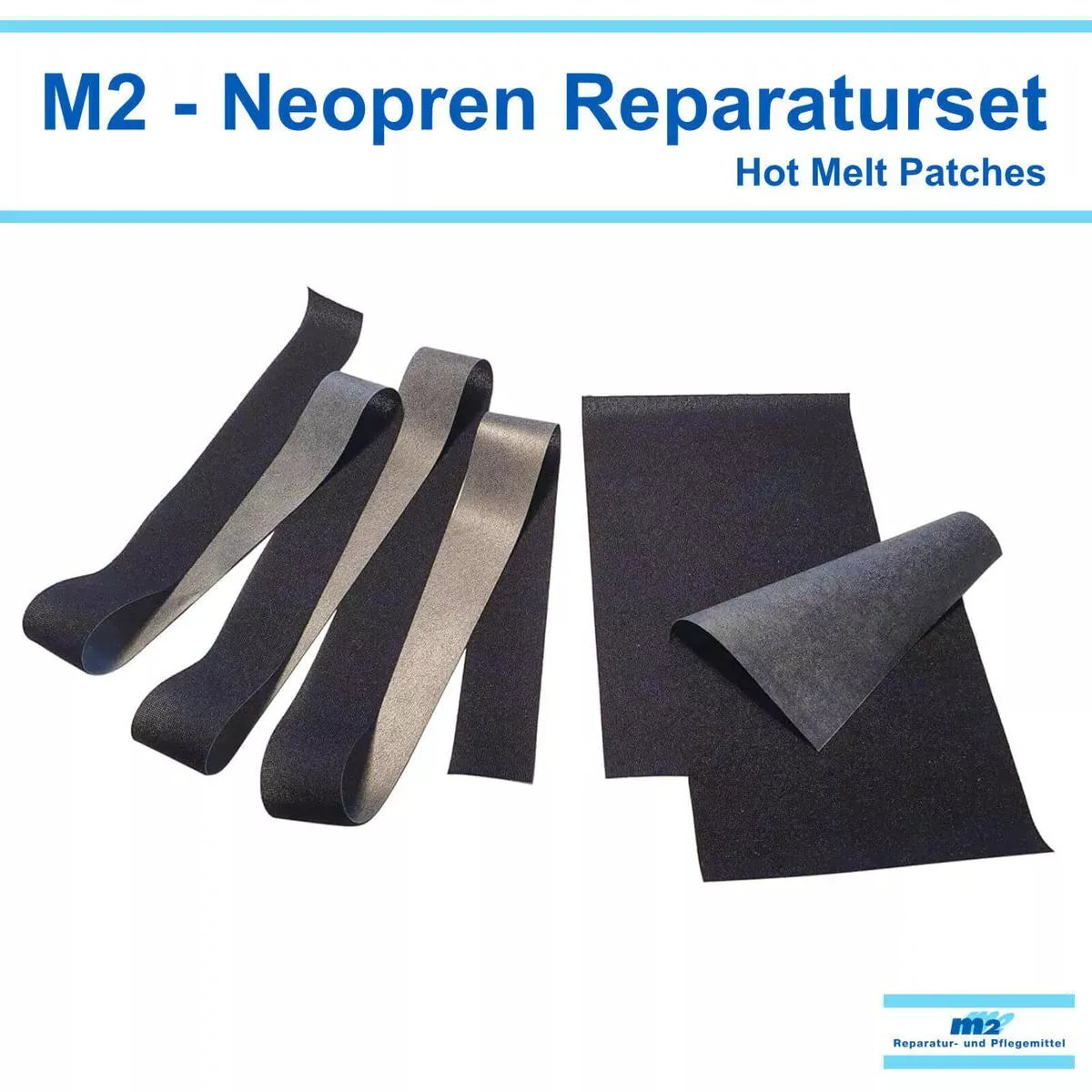 Mehrere schwarze M2 Hot Melt Bügel-Patches zur Neopren-Reparatur sind auf weißem Hintergrund abgebildet. Der Text darüber lautet "M2 - Hot Melt Patches", ideal zum Aufbügeln und schnellen Ausbessern.