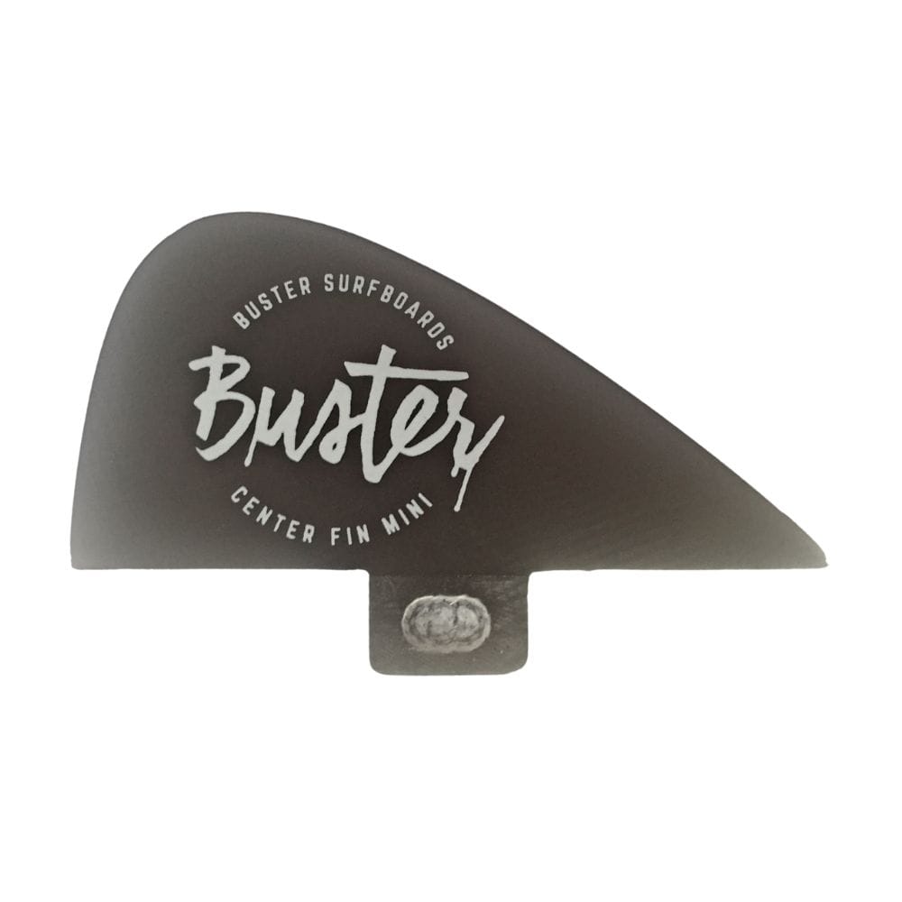 Eine einzelne schwarze Buster Knubster Center Fin 1.8'' von Buster-Surfboards für Pool- und Flusssurfen, mit fettem "Buster Surfboards Center Fin Mini"- und "Buster"-Schriftzug auf der Seite und einer rechteckigen Befestigungsbasis.