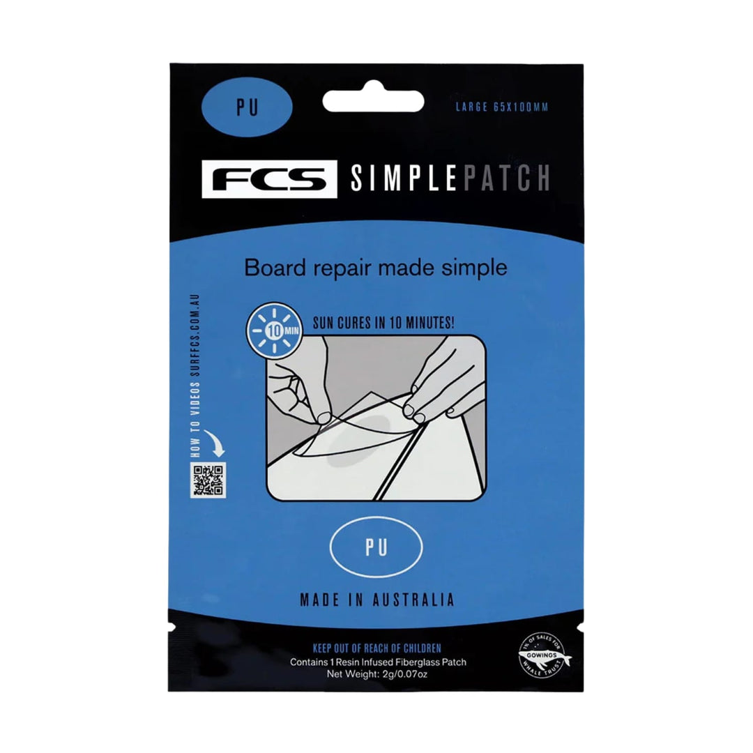 Das FCS Simple Patch Reparaturpflaster - PU (Large 65x110mm) hat eine schwarz-blaue Verpackung mit weißem Text, Abbildung des Reparaturprozesses und Glasfaser-Patch-Highlight. Hergestellt in Australien von FCS. Für Plattenreparaturen mit UV-härtender Technologie.