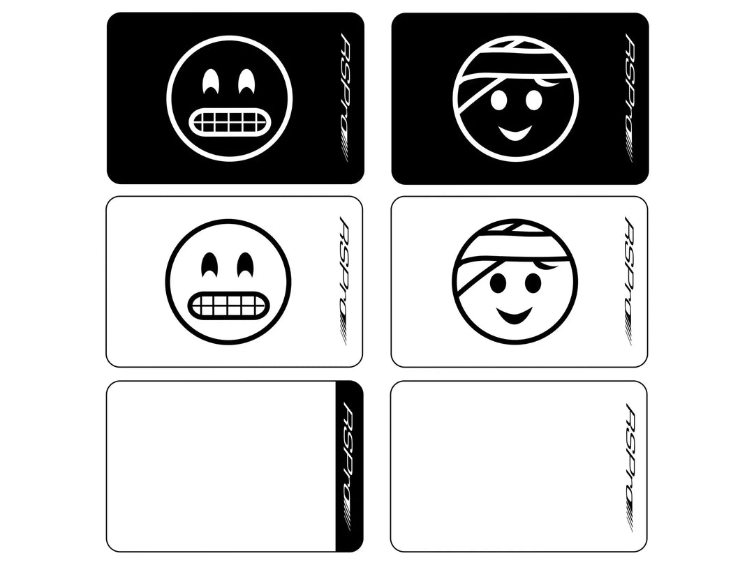 Sechs RSPro Surfboard Ding Patches (6 Stück) werden in zwei Spalten gezeigt: die oberen vier zeigen Cartoon-Gesichter mit Grimassen oder Bandagen, die auf reparaturbedürftige Boards hinweisen; die unteren zwei sind leer. Jeder Aufnäher zeigt das RSPro-Logo an der Seite.