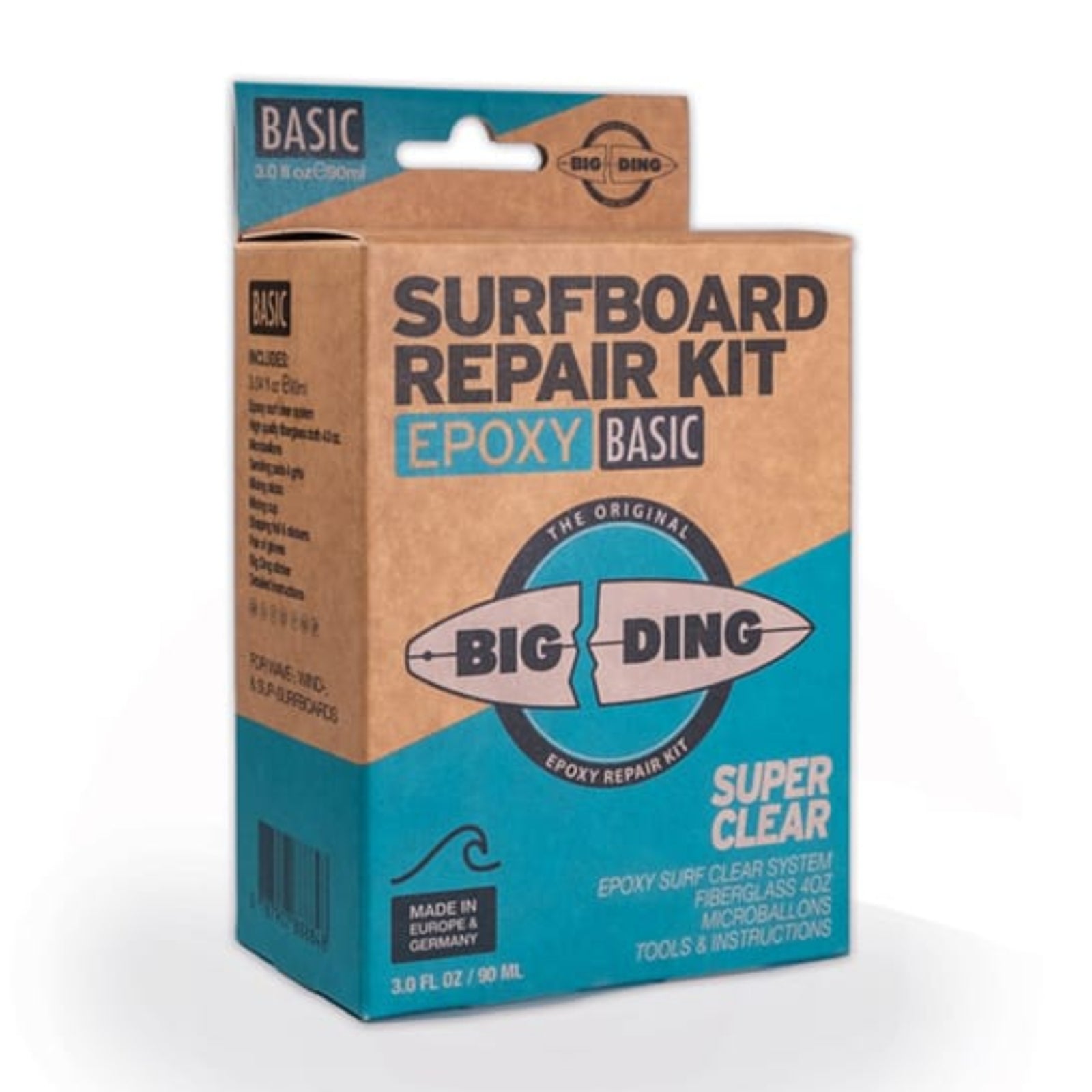Eine Schachtel mit der Aufschrift Big Ding Epoxy Repair Kit - Basic von Big Ding enthält eine braune und blaue Verpackung, Produktdetails, Inhalte für eine effektive Surfbrett-Reparatur mit Epoxidharz und eine Gebrauchsanleitung.