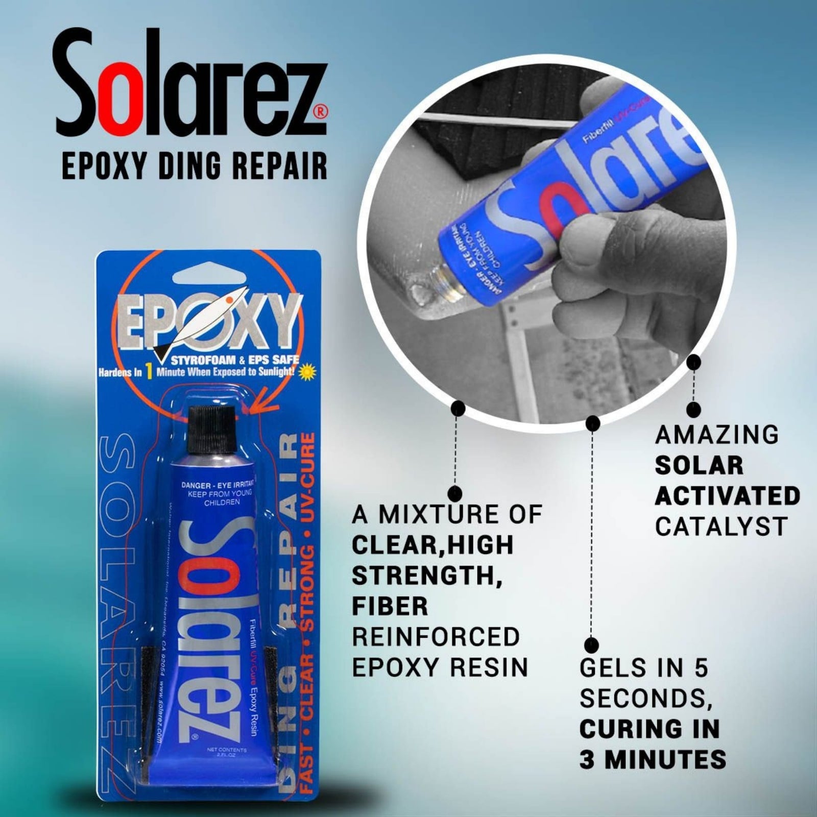 Abgebildet ist eine Packung Solarez - Epoxy Weenie Ding Repair (0,5oz/14,75ml) von Solarez mit klarem, hochfestem, faserverstärktem Epoxidharz für die schnelle Reparatur von Surfboards mit UV-Härtung in nur 3 Minuten unter Sonnenlicht.
