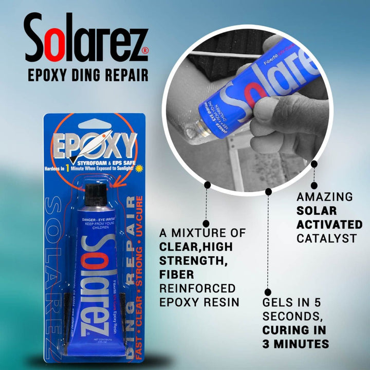 Abgebildet ist eine Packung Solarez - Epoxy Weenie Ding Repair (0,5oz/14,75ml) von Solarez mit klarem, hochfestem, faserverstärktem Epoxidharz für die schnelle Reparatur von Surfboards mit UV-Härtung in nur 3 Minuten unter Sonnenlicht.