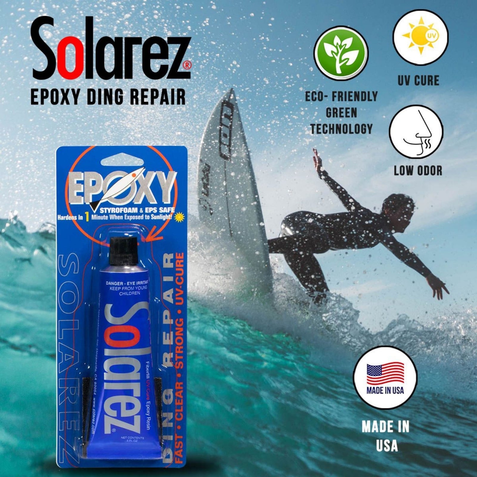 Solarez - Epoxy Weenie Ding Repair (0,5oz/14,75ml) von Solarez wird vor einem Surfer auf einer Welle angezeigt. Die Symbole zeigen UV-Härtung, umweltfreundliche Technologie, geringen Geruch und Made in USA - ideal für die Reparatur von Surfbrettern.