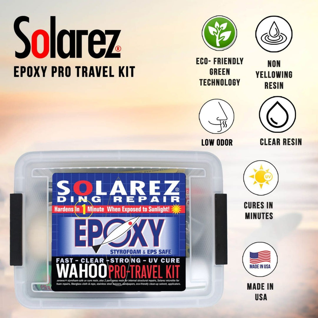 Das Solarez - Epoxy Travel Repairkit Pro von Solarez wird in einem durchsichtigen Etui präsentiert und zeichnet sich durch umweltfreundliche Technologie, UV-Reparaturharz für schnelle Aushärtung, nicht vergilbendes Epoxidharz, geruchsarme Formel und in den USA hergestellte Qualität aus.