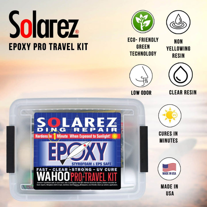 Das Solarez - Epoxy Travel Repairkit Pro von Solarez wird in einem durchsichtigen Etui präsentiert und zeichnet sich durch umweltfreundliche Technologie, UV-Reparaturharz für schnelle Aushärtung, nicht vergilbendes Epoxidharz, geruchsarme Formel und in den USA hergestellte Qualität aus.