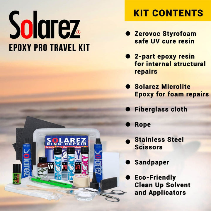 Das Solarez - Epoxy Travel Repairkit Pro von Solarez ist mit Epoxidharz-Tuben, Schere, Seil, Schleifpapier, Applikatoren, Glasfasertuch, einem Tablett und einer gelben Box mit dem Inhalt des Kits auf der rechten Seite abgebildet.