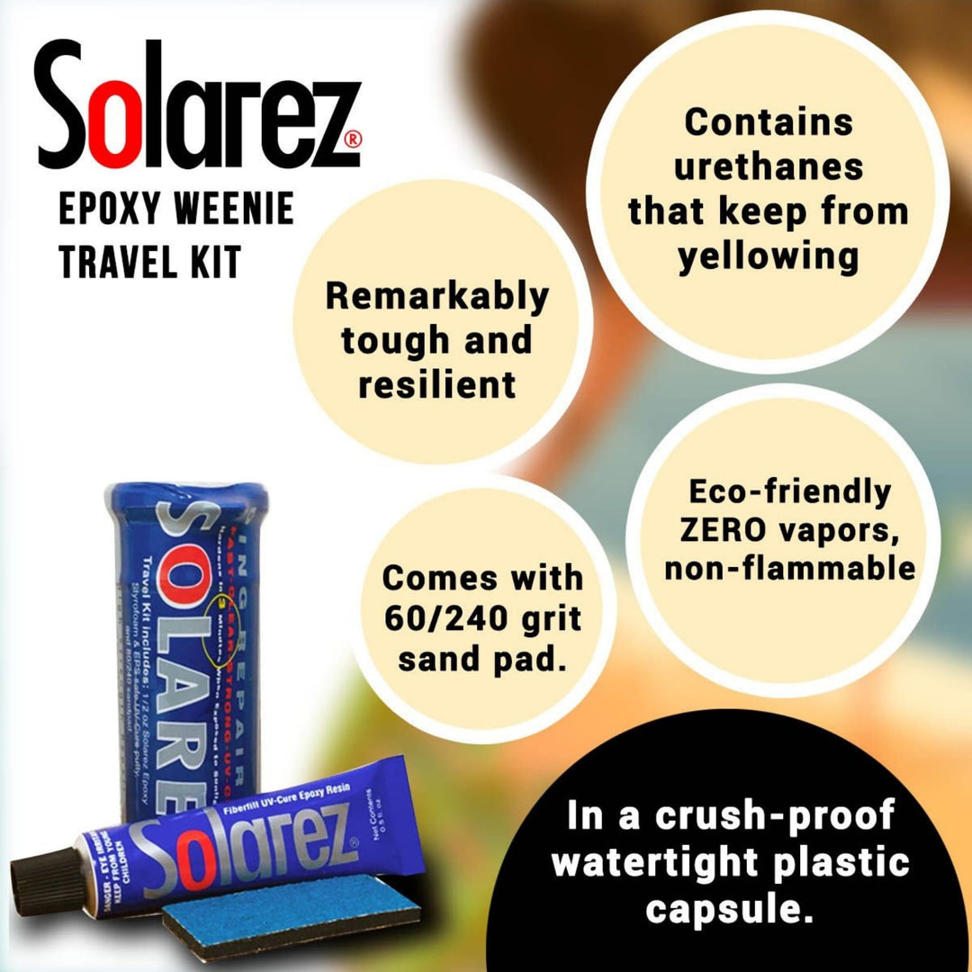 Abbildung des Solarez Epoxy Weenie Travel Kit von Solarez mit einer Reparaturtube und Schleifpapier. Highlights: langlebige, nicht vergilbende Urethanformel; umweltfreundlich, dampffrei; bruchsichere, wasserdichte Kunststoffverpackung.