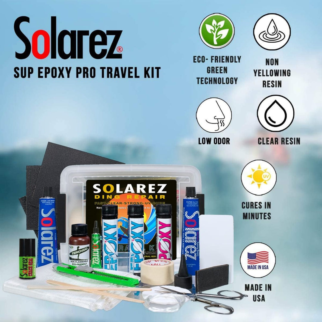 Das Solarez SUP Epoxy Travel Kit von Solarez ist mit Reparaturwerkzeugen, Epoxidharz-Tuben, Schleifpapier, Applikatoren und einem Tragekoffer ausgestattet. Zu den wichtigsten Merkmalen gehören die umweltfreundliche Formel, die nicht vergilbende Oberfläche, der geringe Geruch und die schnelle Aushärtung.