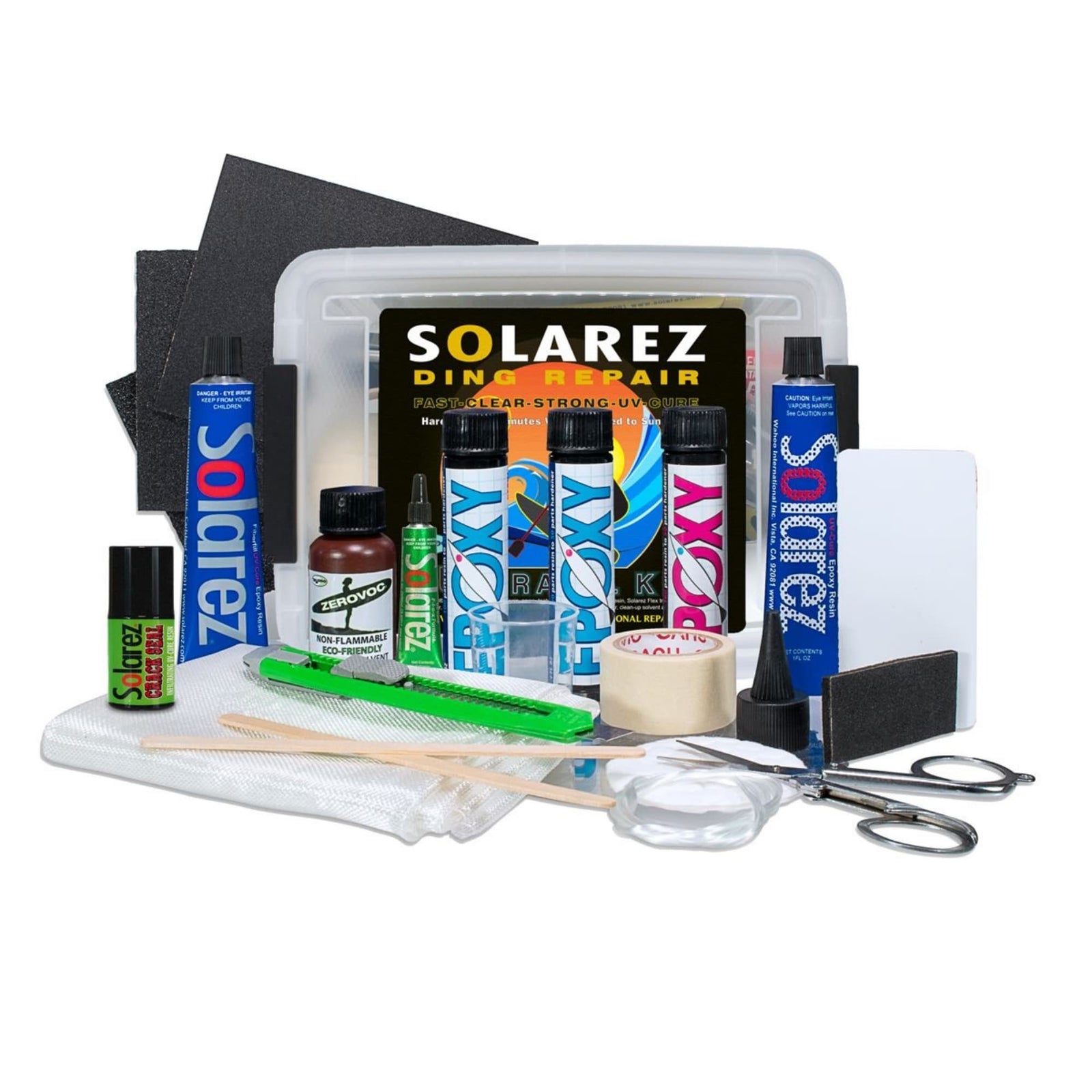 Das Solarez SUP Epoxy Travel Kit von Solarez enthält Harztuben, Klebestift, Flaschen, Schmirgelpapier, Klebeband, Netz, Schere, Universalmesser, Mischstab, Handschuhe und einen Kunststoffkoffer für praktische Surfbrett-Reparaturen.