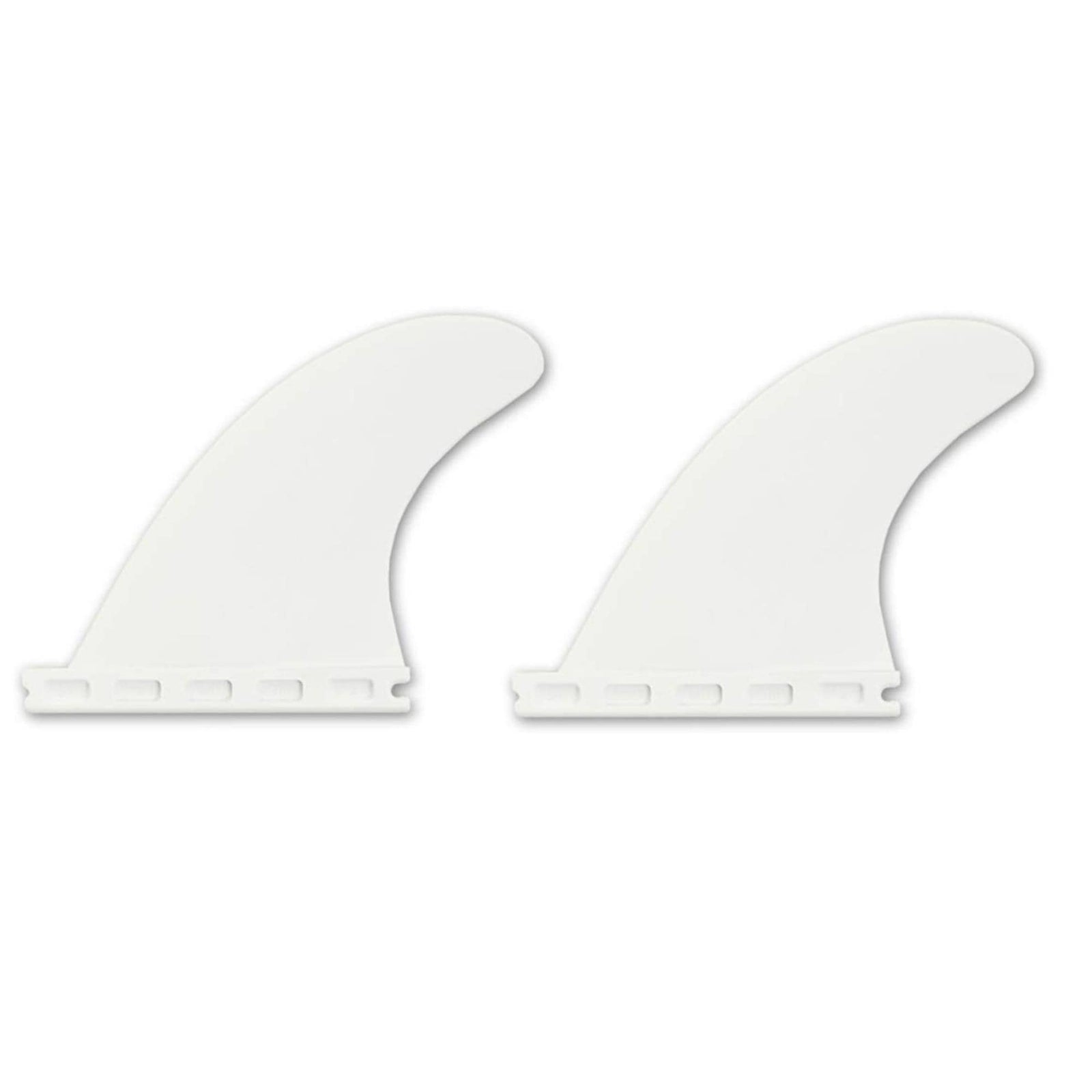 Zwei identische Futures FUTURES Quad Rear 2 Fin Set 3.75 Sym Thermotech White Surfboard Finnen sind nebeneinander abgebildet, jede mit einem gebogenen Design und Futures Truss Base. Der Hintergrund ist einfarbig weiß.