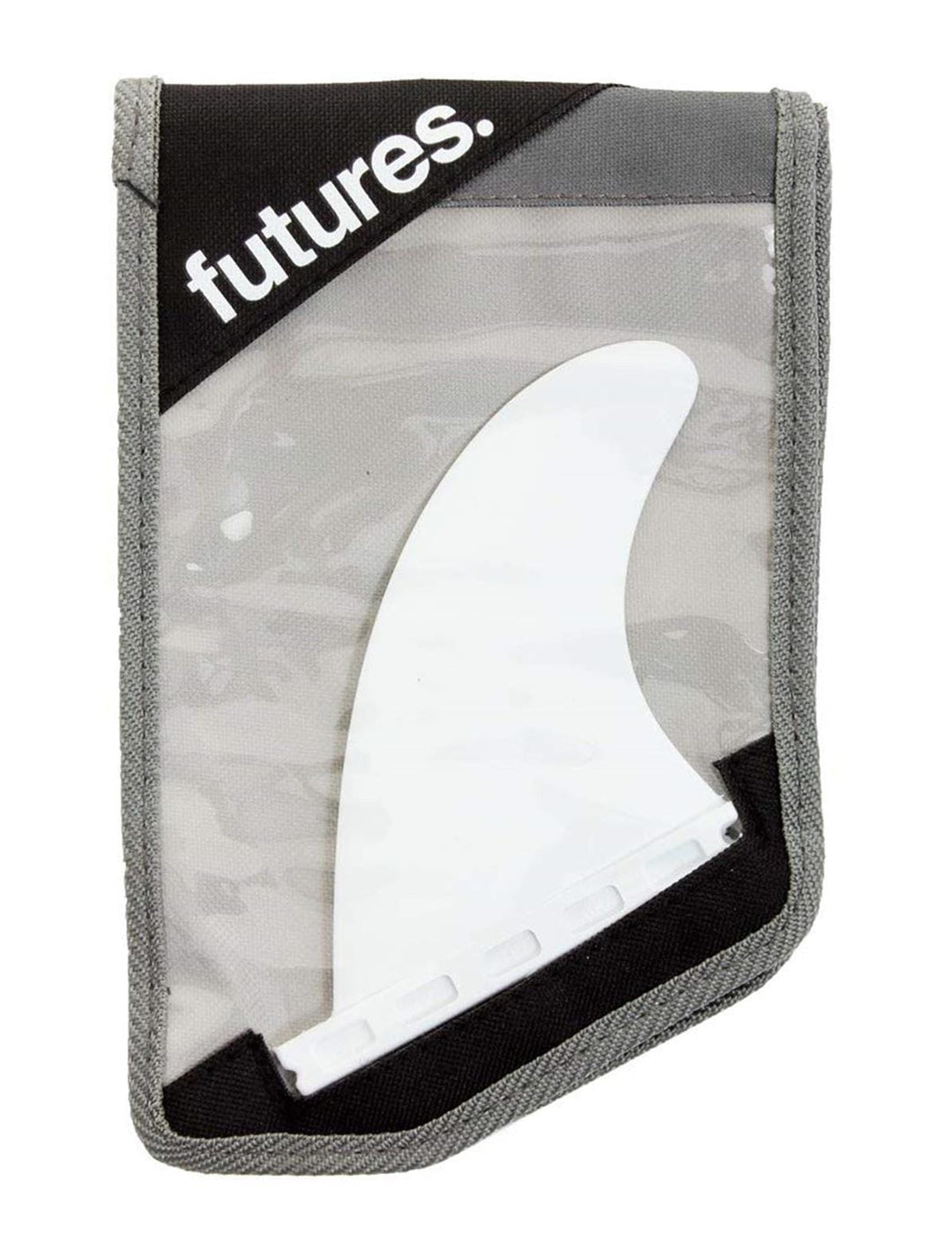 Das FUTURES Quad Rear 2 Fin Set 3.75 Sym Thermotech von futures wird in einem durchsichtigen Beutel mit grauen Stoffkanten gezeigt, der die Futures Truss Base und eine schwarze Ecke mit dem Stempel &