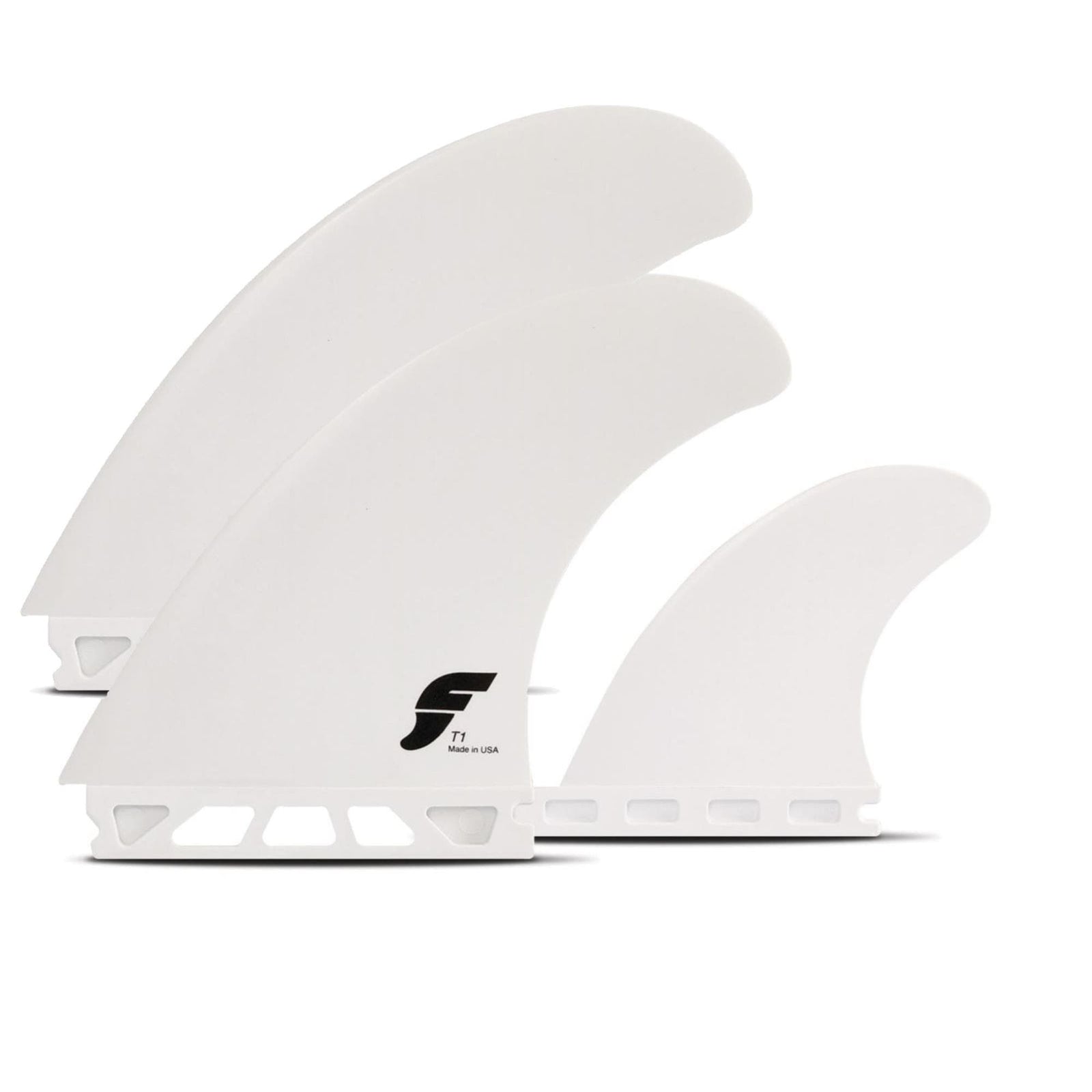 Das futures FUTURES Thruster Fin Set T1 Thermotech besteht aus drei weißen Finnen in verschiedenen Größen, jede mit einer eingekerbten Futures Truss Base und einem "F" Logo auf der größten Finne. Ihr glattes, geschwungenes Design wird vor einem weißen Hintergrund dargestellt.