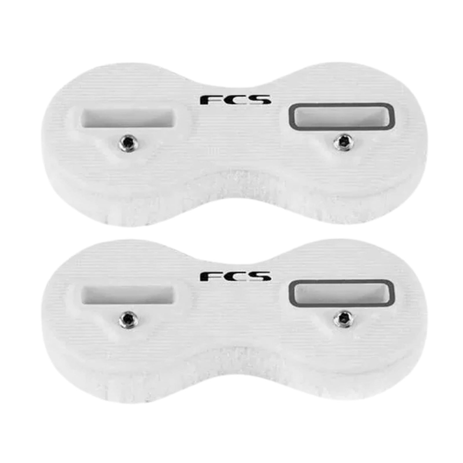 Zwei weiße FCS Ersatz Finbox Seiten - FCS1 Fusion Surfboard Finnenboxen mit Schlitzen und Schraubenlöchern, ideal für Boardreparaturen, nebeneinander auf einem schlichten Hintergrund.