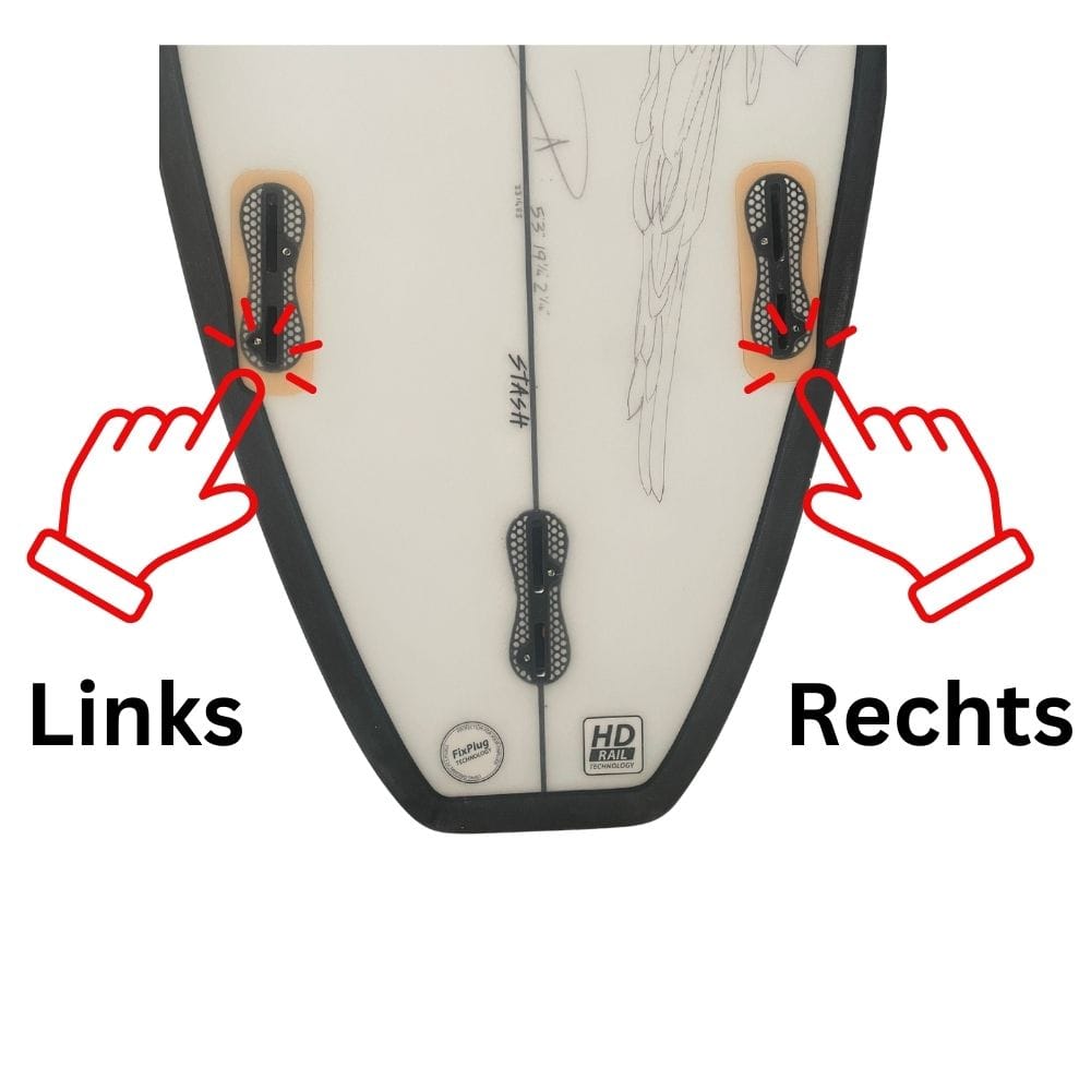 Eine Nahaufnahme des Surfboard Finnen - Ersatzfinne XXS FCSI von Rapid Surf Shop zeigt Finnenkästen mit Händen, die mit Links und Rechts beschriftet sind - ideal für stehende Wellen oder Riversurfen. Rote X-Markierungen markieren die beiden Finnenschlitze.