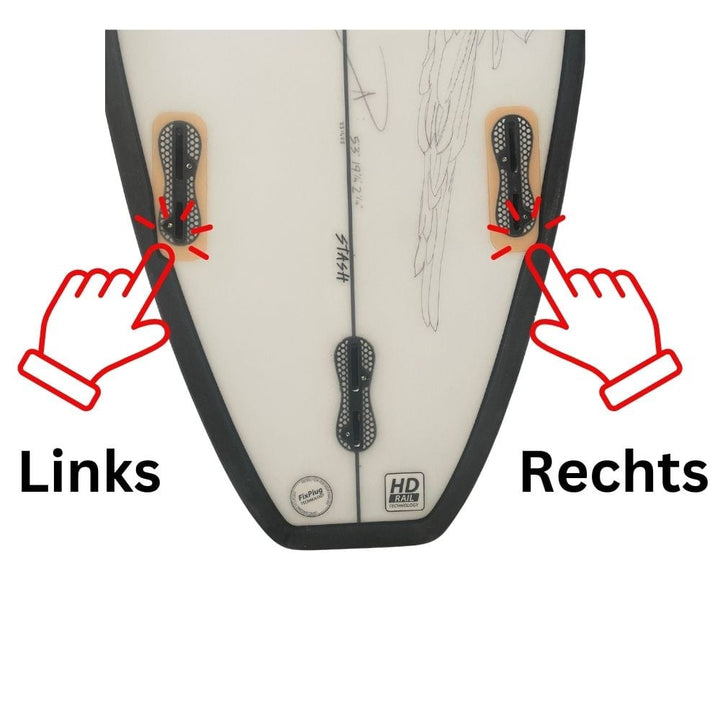 Eine Nahaufnahme des Surfboard Finnen - Ersatzfinne XXS FCSI von Rapid Surf Shop zeigt Finnenkästen mit Händen, die mit Links und Rechts beschriftet sind - ideal für stehende Wellen oder Riversurfen. Rote X-Markierungen markieren die beiden Finnenschlitze.