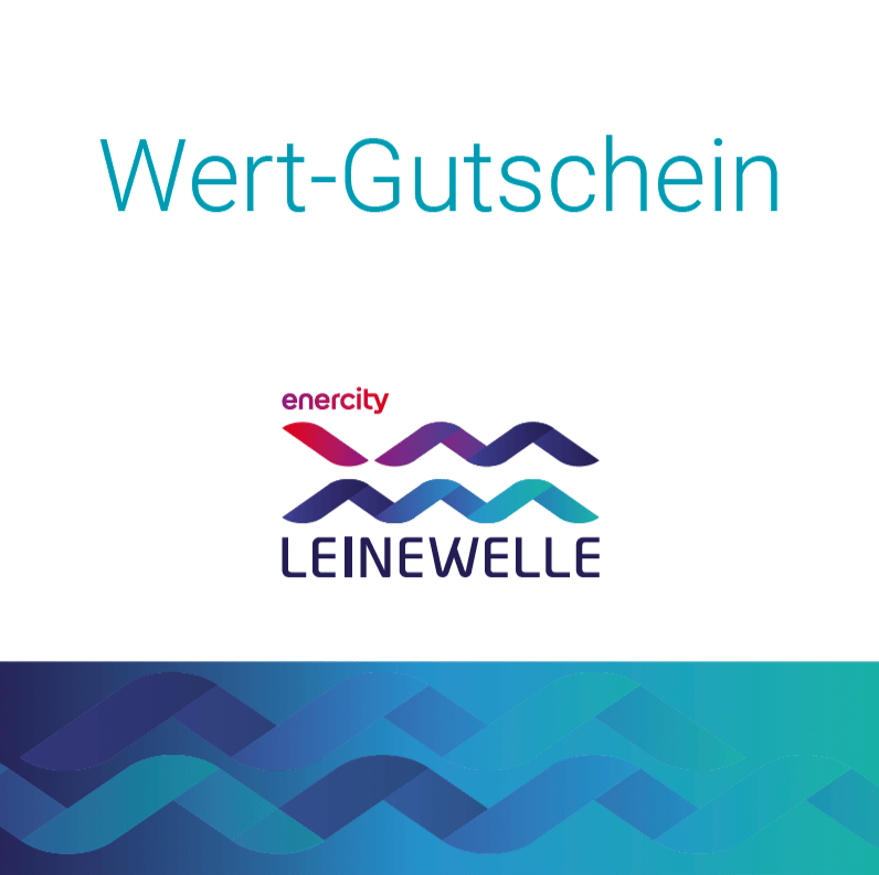 Der Leinewelle Surf-Gutschein von Rapid Surf Shop zeigt oben "Wert-Gutschein", darunter blaue und lila Wellengrafiken mit dem enercity LEINEWELLE-Logo - ideal zum Surfen in Hannover oder als praktisches Print@Home Geschenk.