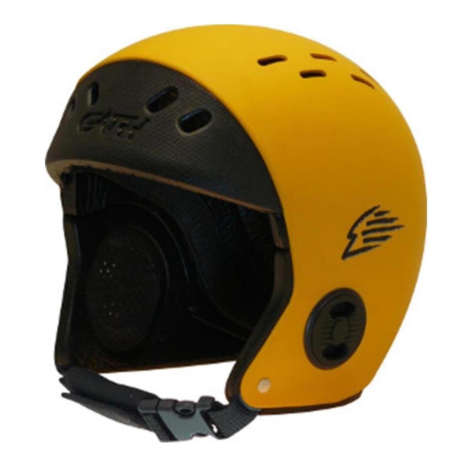 Der GATH Wassersport Helm Standard Hat EVA von Gath in Gelb und Schwarz verfügt über Belüftungslöcher, einen Gehörschutz, ein verstellbares seitliches Zifferblatt und einen Kinnriemen für den Kopfschutz Wassersport - dargestellt auf weißem Hintergrund.
