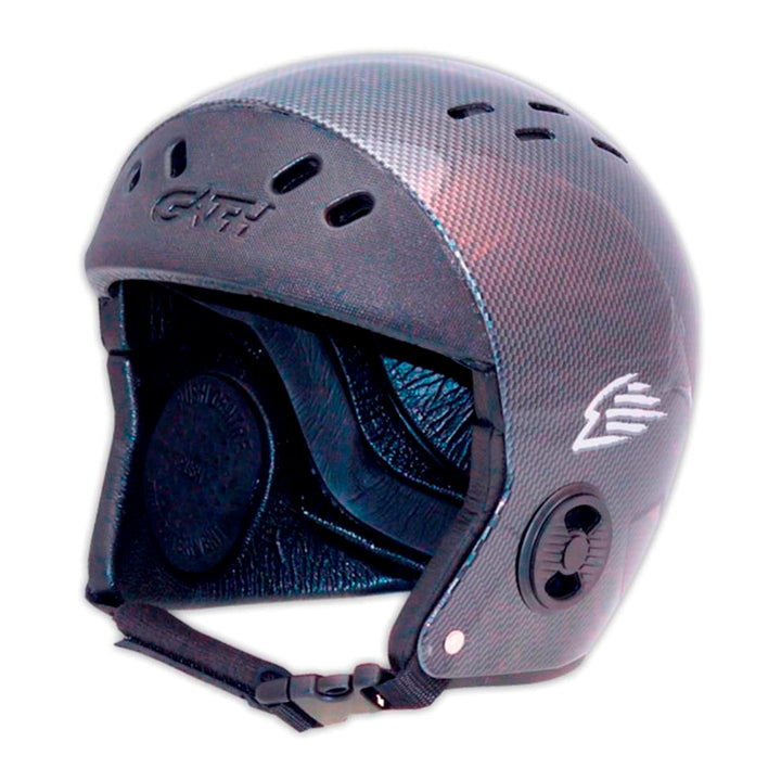 Der Gath Wassersport Helm Standard Hat EVA von Gath ist ein mattschwarzer, offener Helm mit strukturierter Oberfläche, Belüftungslöchern, Kinnriemen, verstellbarem Zifferblatt und Ohrenschutz - ideal für den Kopfschutz beim Wassersport. Abgebildet auf weißem Hintergrund.
