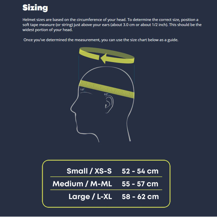Diagramm zur Messung des Kopfumfangs über den Ohren für die Größenbestimmung des SIMBA Surf Wassersport Helm Sentinel. Größentabelle: Small (52-54 cm), Medium (55-57 cm), Large (58-62 cm) von Simba Surf für optimalen Wassersportschutz.