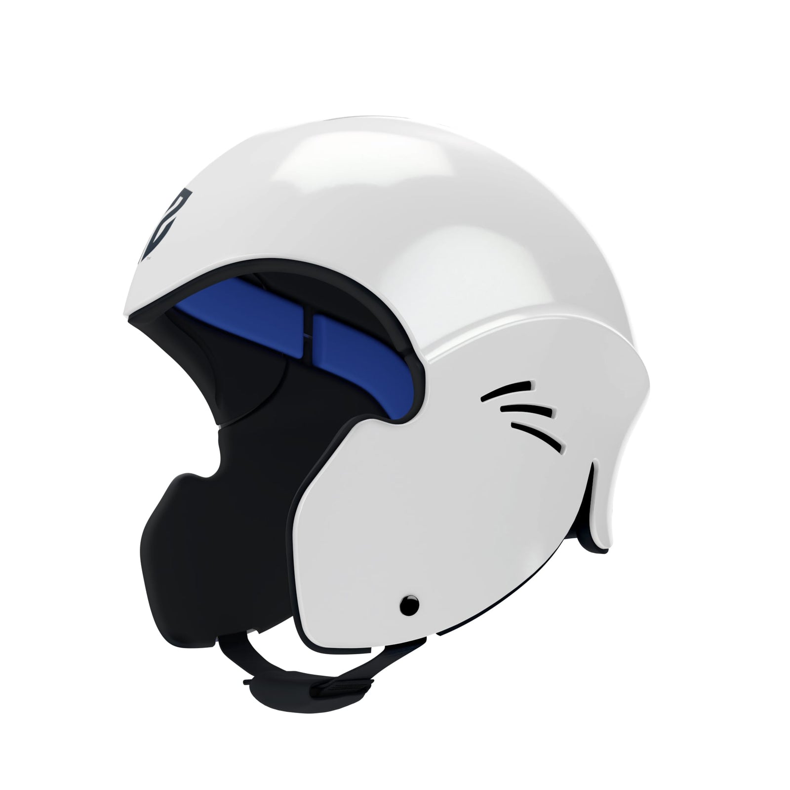 Der SIMBA Surf Wassersport Helm Sentinel von Simba Surf ist ein weißer, offener Helm mit schwarzem Kinnschutz, blauer Innenpolsterung und schwarzen Belüftungsschlitzen, der auf einem schlichten weißen Hintergrund steht.