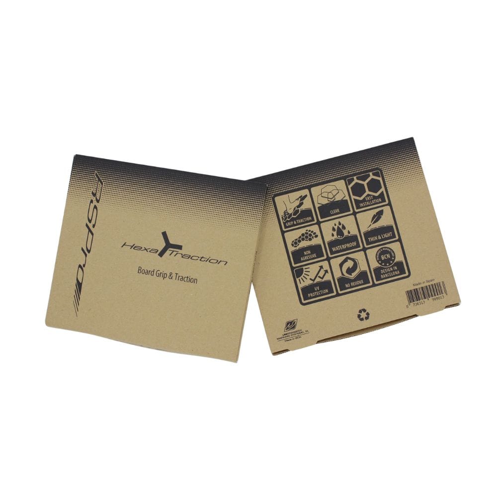 Zwei braune Kartonverpackungen mit der Aufschrift RSPro - HexaTraction Pads (Riversurfboard Kit / 10 Stück) sind abgebildet. Eines ist mit Symbolen für Griffigkeit, Wasserdichtigkeit, keine Klebstoffe, einfache Installation und Umweltfreundlichkeit gekennzeichnet - ideal für Riversurfboards, die eine hervorragende Traktion benötigen.