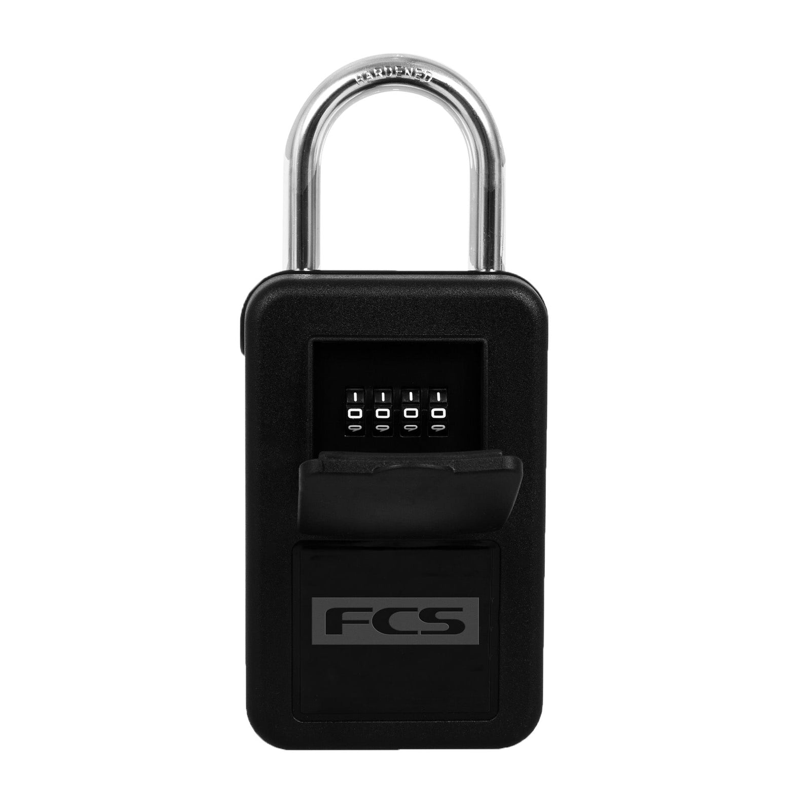 Der FCS - Keylock von FCS ist ein schwarzer Schlüsseltresor mit Metallbügel, vierstelliger Zahlenkombination und einer Klappe mit der Aufschrift FCS für sichere Schlüsselaufbewahrung und zusätzliche Sicherheit.