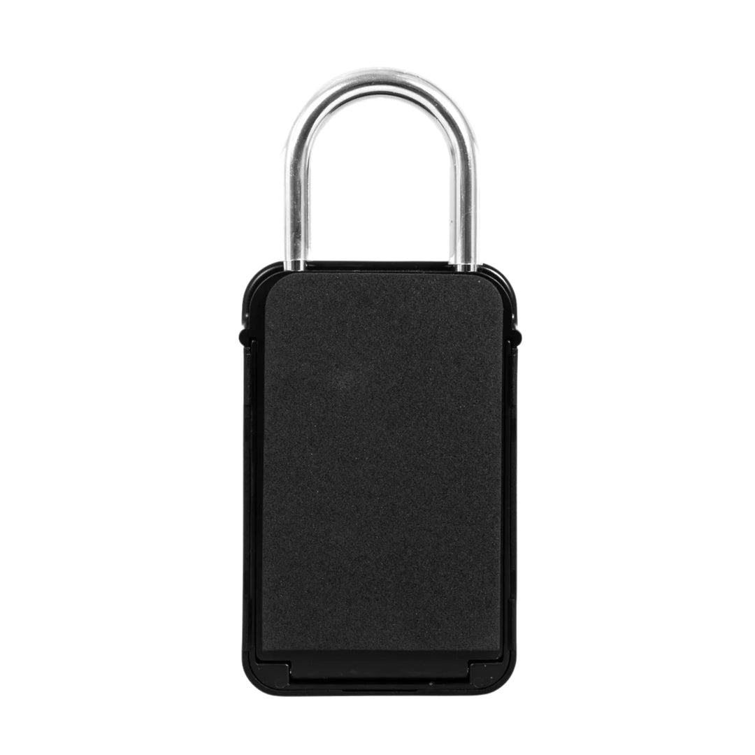 Das FCS - Keylock Groß/Large ist ein schwarzes rechteckiges Vorhängeschloss mit einem silbernen U-förmigen Bügel, ideal für die sichere Aufbewahrung von Autoschlüsseln als Schlüsselsafe Surfer. Abgebildet auf weißem Hintergrund. Marke: FCS.