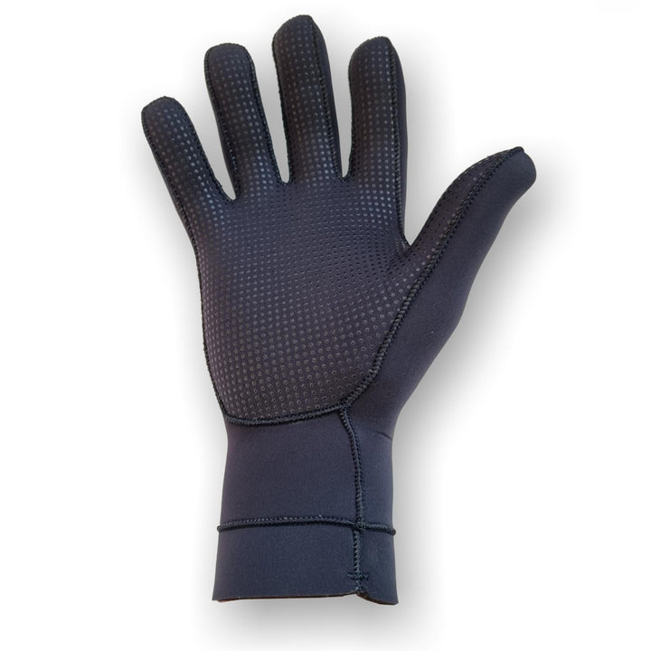 Der MDNS Neopren Handschuh Pioneer 3mm, ein schwarzer Handschuh mit strukturierter Handfläche und sichtbaren Nähten, ist mit der Vorderseite nach oben auf einem weißen Hintergrund abgebildet. Entworfen von MDNS für Surfer und Wassersportler.