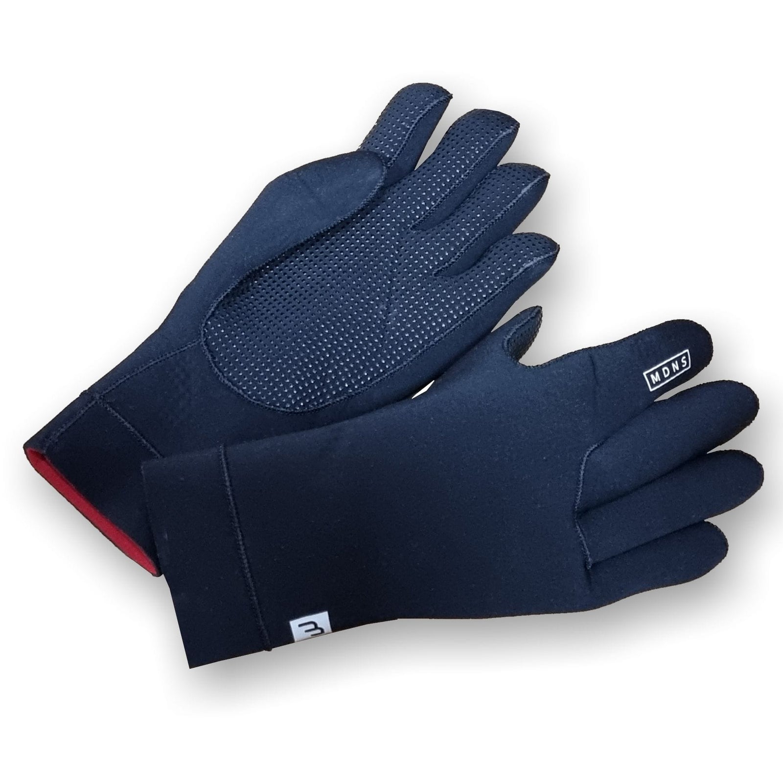 Die MDNS Neopren Handschuhe Pioneer 3mm sind schwarze Handschuhe mit strukturiertem Griff an Handfläche und Fingern - einer mit der Handfläche nach oben, der andere mit der Handfläche nach unten - perfekt für Wassersportler, die Komfort und Kontrolle wünschen.