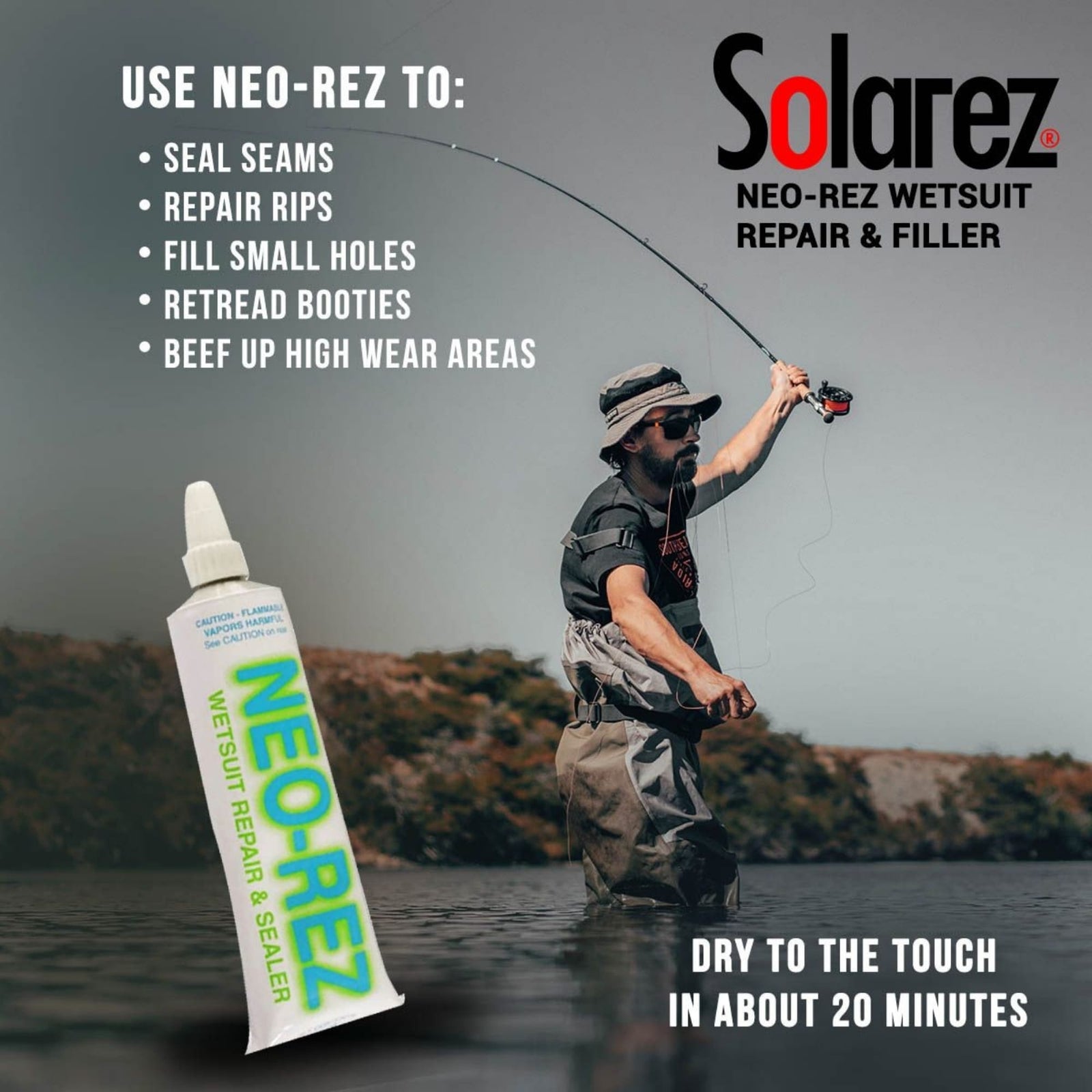 Eine Person beim Fliegenfischen in einem Fluss, die einen Neoprenanzug trägt. Im Vordergrund steht eine Tube Solarez - Neo Rez 56ml, ein schnell trocknender Reparaturkleber zum Abdichten von Nähten und Reparieren von Rissen. Der Text hebt die vielseitigen Einsatzmöglichkeiten dieses Solarez-Produkts hervor.