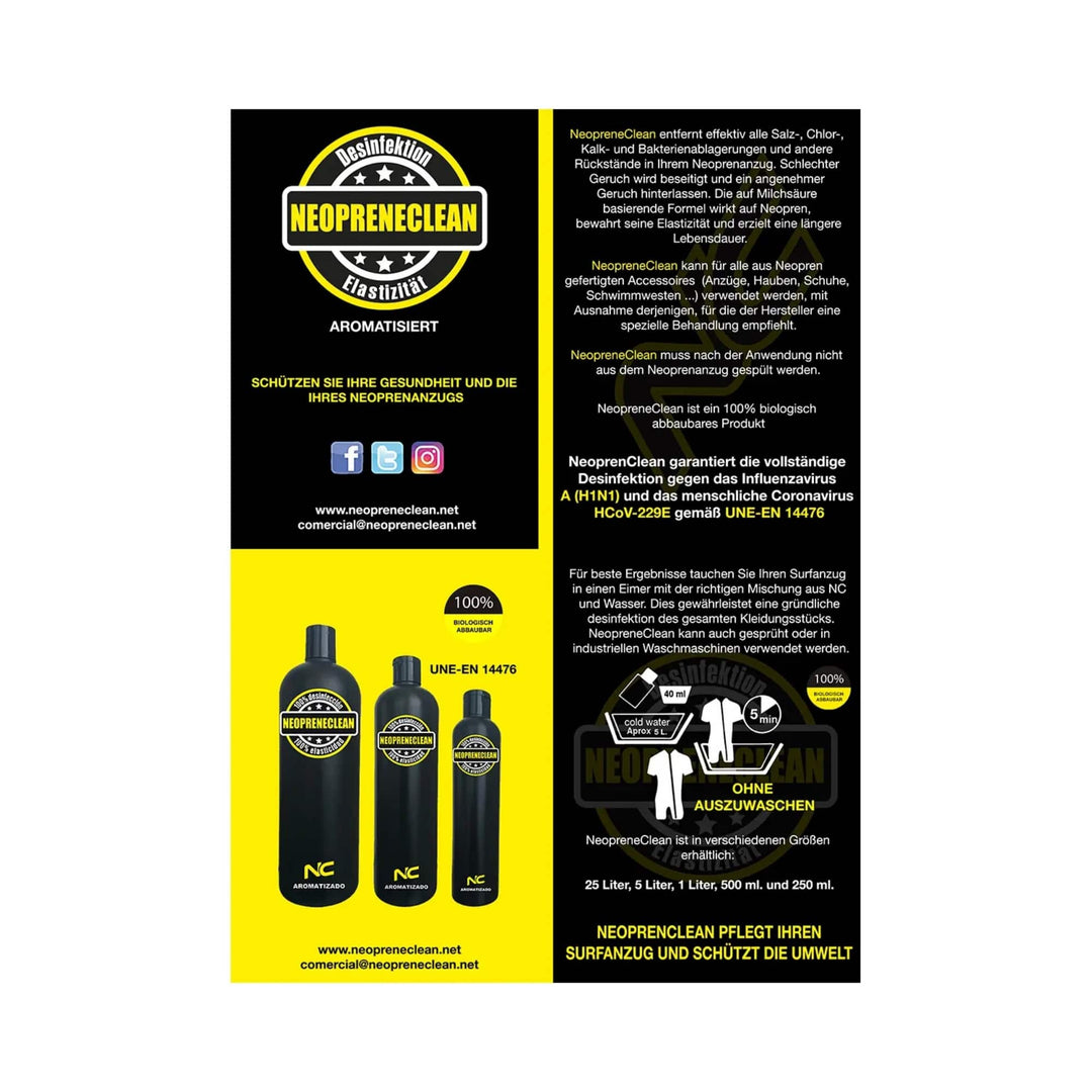 Eine deutschsprachige Anzeige für Neopreneclean Neoprene Clean - Neopren Waschmittel zeigt drei Flaschengrößen, betont Virus- und Bakterienentfernung, Umweltvorteile sowie Website- und E-Mail-Kontakt.