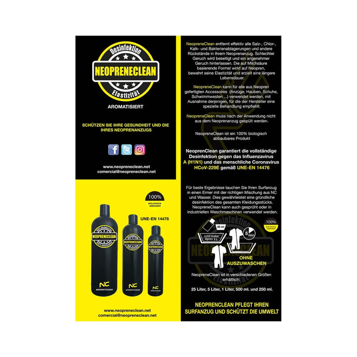 Eine deutschsprachige Anzeige für Neopreneclean Neoprene Clean - Neopren Waschmittel zeigt drei Flaschengrößen, betont Virus- und Bakterienentfernung, Umweltvorteile sowie Website- und E-Mail-Kontakt.