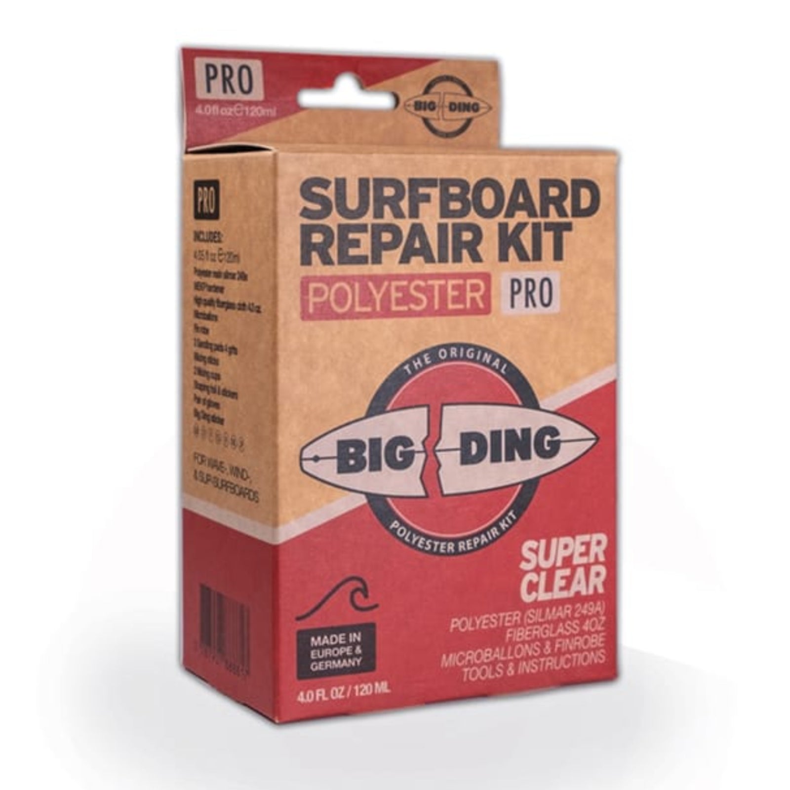 Eine Pappschachtel mit der Aufschrift Big Ding Polyester Repair Kit - PRO von Big Ding ist mit einer braunen und roten Verpackung versehen, die den Inhalt und die Verwendung des Kits für die Reparatur von Polyesterharz-Surfbrettern auf der Vorder- und Seitenfläche hervorhebt.
