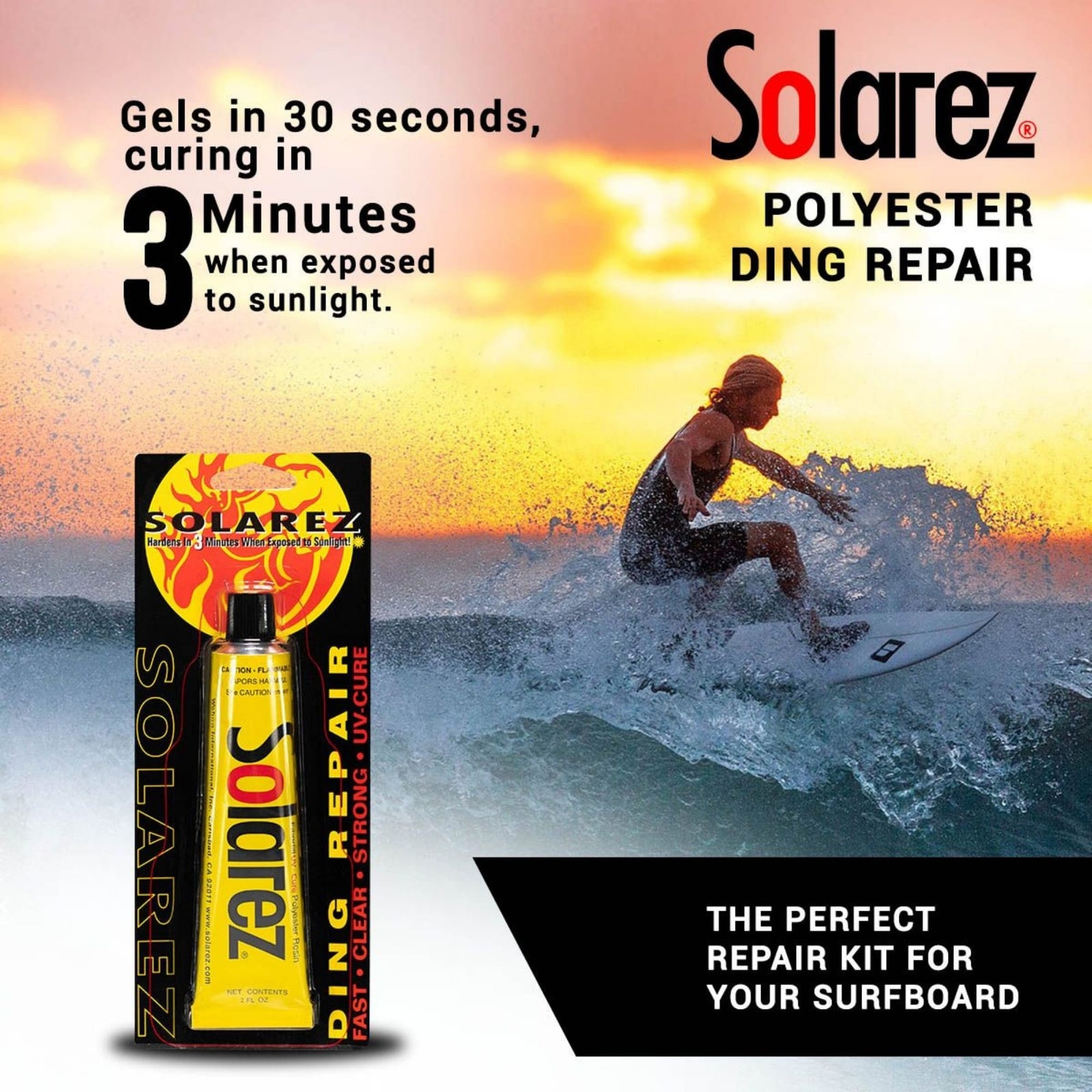 Bei Sonnenuntergang reitet ein Surfer auf einer Welle. Vorne verspricht Solarez - Polyester Weenie Ding Repair (0.5oz/14.75ml) von Solarez eine schnelle Aushärtung im Sonnenlicht und ist damit die erste Wahl für schnelle, einfache Reparaturen auf dem Surfbrett unterwegs.