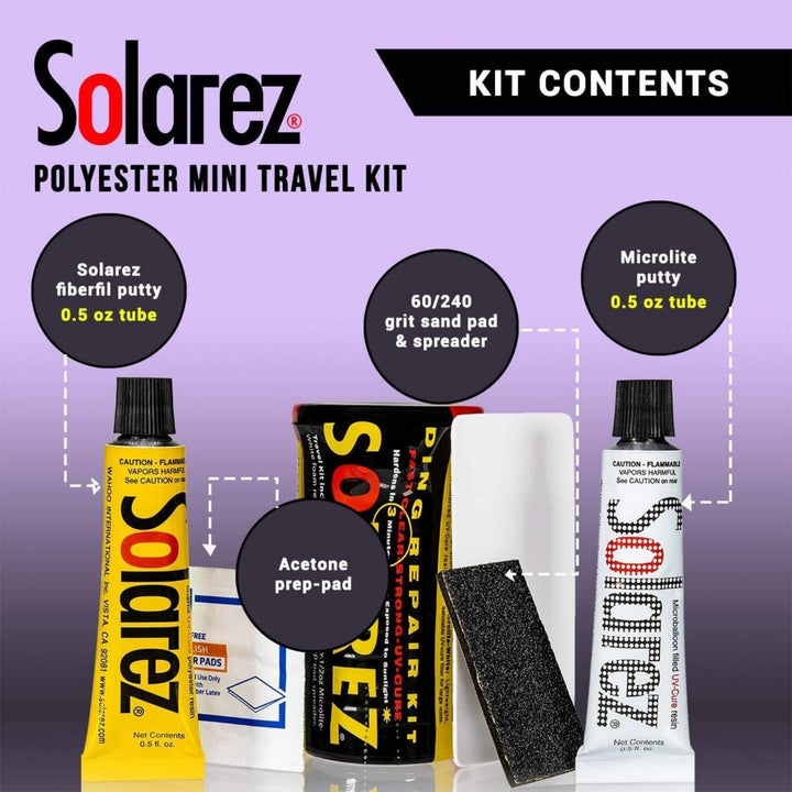 Das Solarez Polyester Mini Travel Kit von Solarez verfügt über beschriftete Inhalte: 0,5 oz Fiberfil Putty, 0,5 oz Microlite Putty, Aceton Prep-Pad, Sandpad und Spachtel - alles auf einem leuchtend violetten Hintergrund dargestellt.