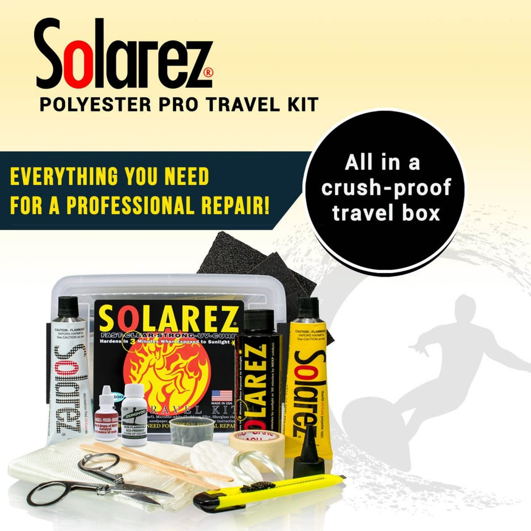 Das Solarez - Polyester Travel Repairkit Pro von Solarez enthält Tuben, Flaschen, Pinsel, Schmirgelpapier, Mesh, Mischstäbchen und Scheren - perfekt für die Reparatur von Surfbrettern - und ist in einer beschrifteten, bruchsicheren Reisebox untergebracht.