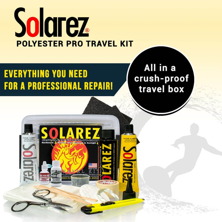 Das Solarez - Polyester Travel Repairkit Pro von Solarez enthält Tuben, Flaschen, Pinsel, Schmirgelpapier, Mesh, Mischstäbchen und Scheren - perfekt für die Reparatur von Surfbrettern - und ist in einer beschrifteten, bruchsicheren Reisebox untergebracht.