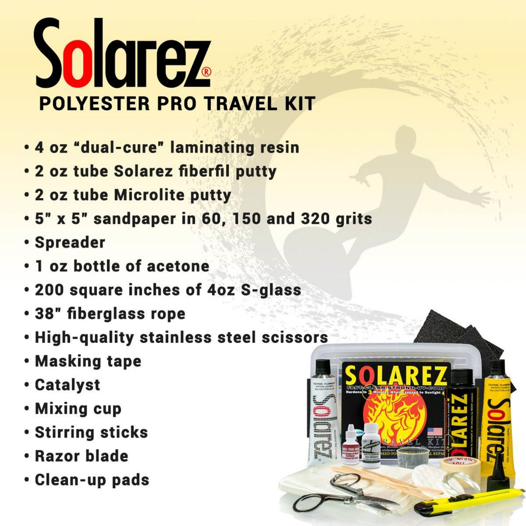 Solarez - Das Polyester Travel Repairkit Pro von Solarez ist das ultimative Surfboard-Reparaturset mit Harz, Spachtelmasse, Schleifpapier, Mischwerkzeug, Seil, Rasierklinge, Handschuhen, Reinigungspads und Flasche - perfekt für unterwegs.