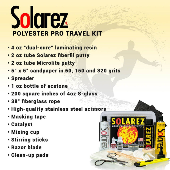 Solarez - Das Polyester Travel Repairkit Pro von Solarez ist das ultimative Surfboard-Reparaturset mit Harz, Spachtelmasse, Schleifpapier, Mischwerkzeug, Seil, Rasierklinge, Handschuhen, Reinigungspads und Flasche - perfekt für unterwegs.