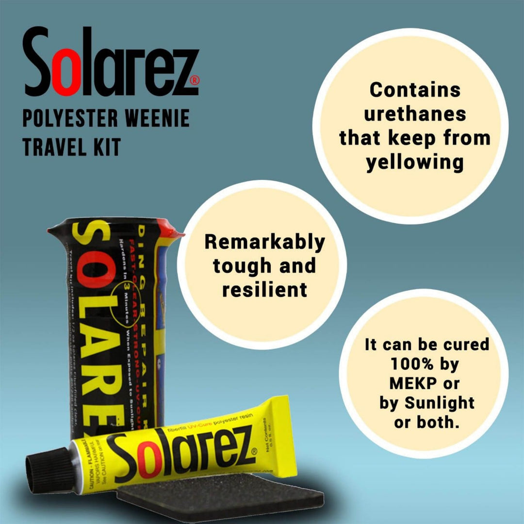 Das Solarez Polyester Weenie Travel Kit von Solarez enthält UV-härtendes Harz, eine gelbe Tube und schwarzes Schleifpapier. Es ist vergilbungsbeständig, widerstandsfähig und härtet schnell mit MEKP oder Sonnenlicht aus - für schnelle Boardreparaturen überall.